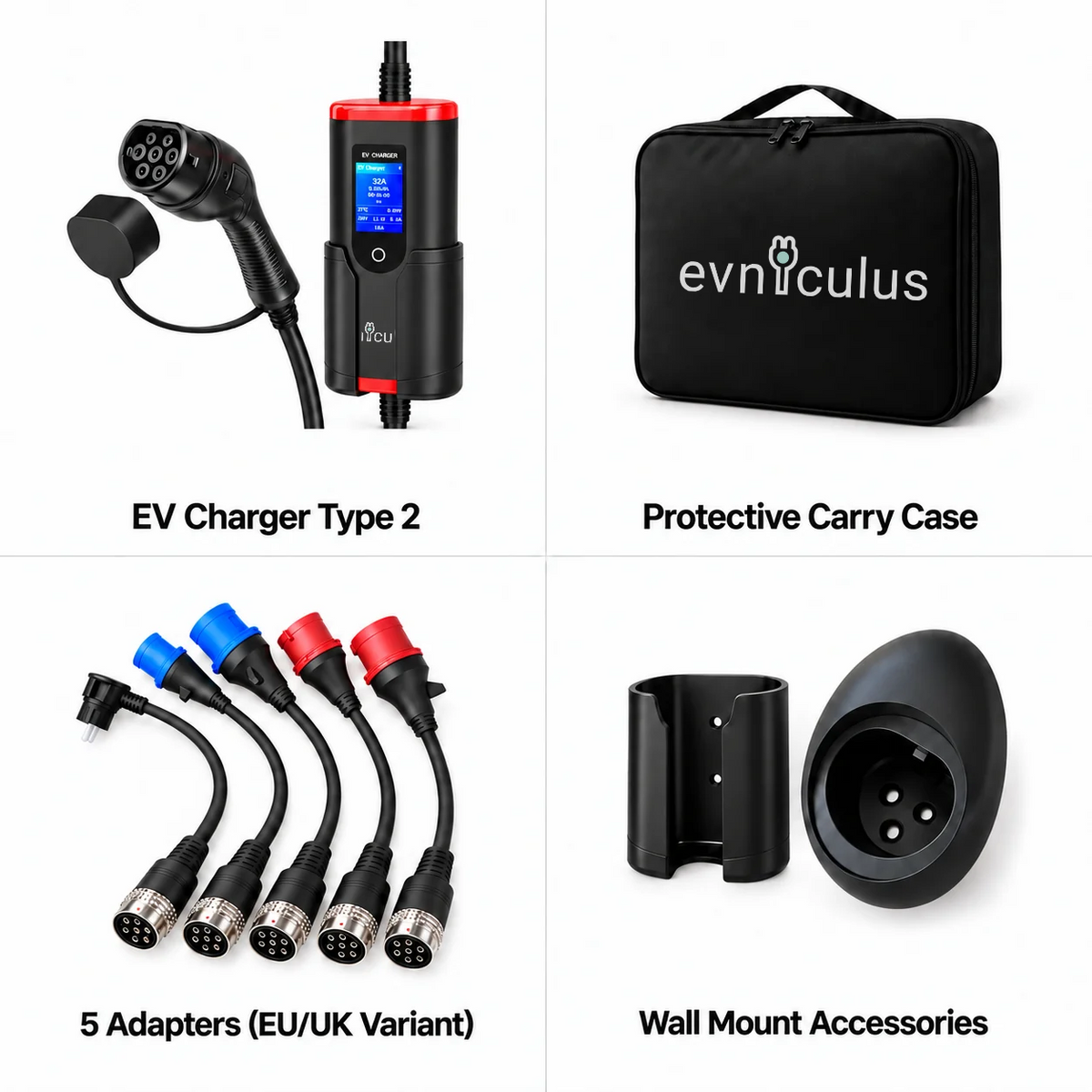 Portable EV Charger Type 2 up to 22 kW – 5 Input Adapters (5 m)