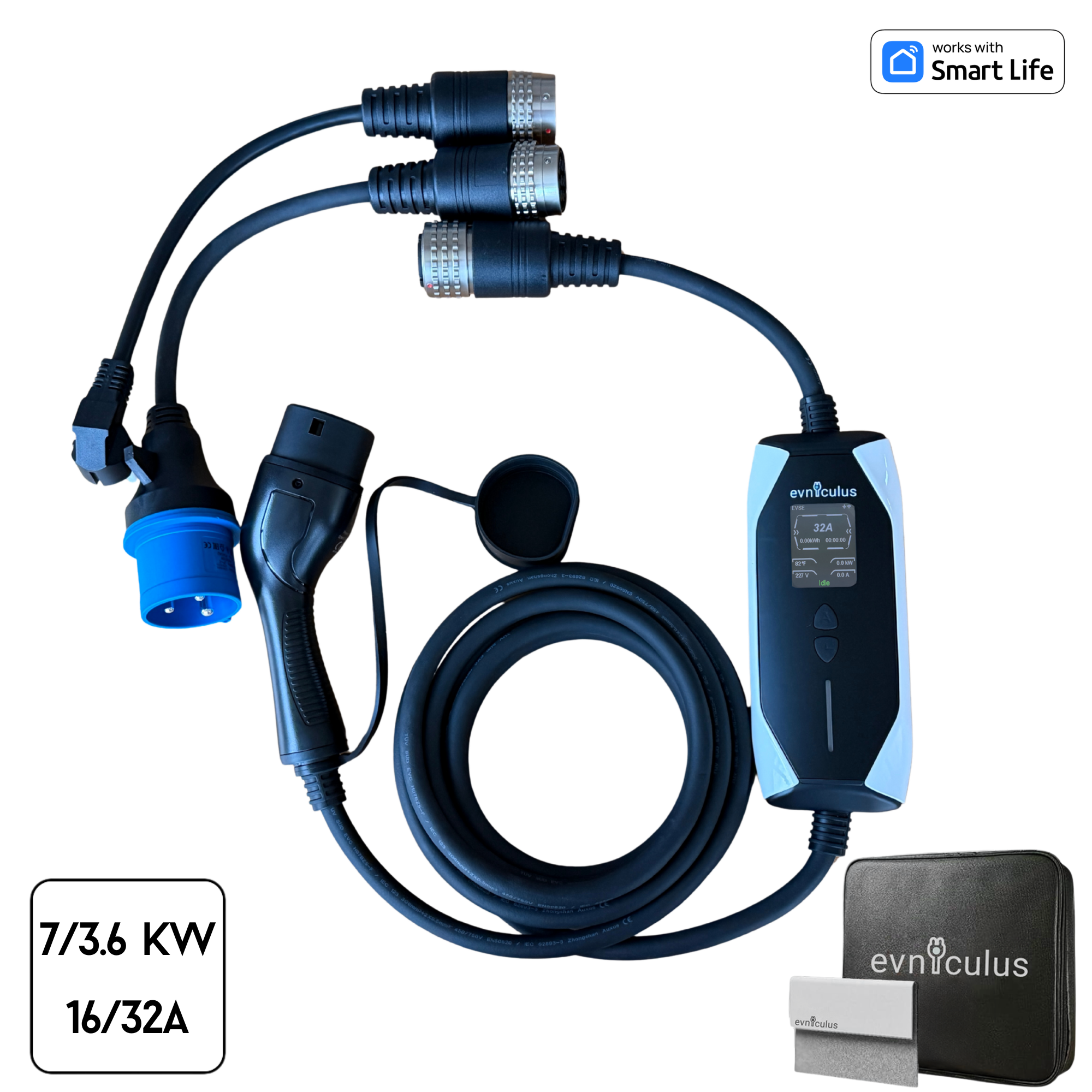 Portable EV Charger Type 2 with Adapters (7 kW/32A) + WiFi & APP