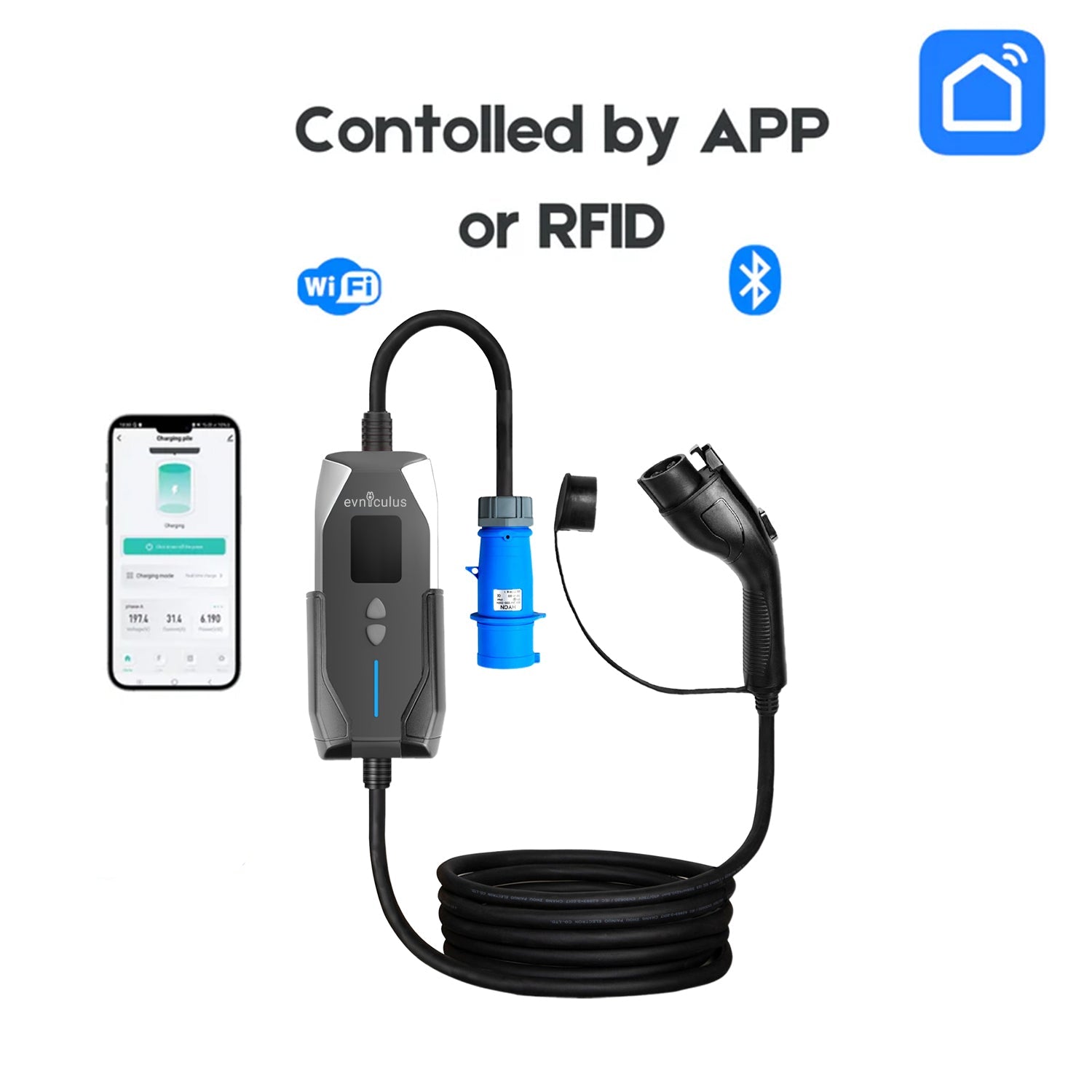 Taşınabilir Elektrikli Araç Şarj Cihazı Tip 1 (7 kW/32A) WiFi + Uygulama