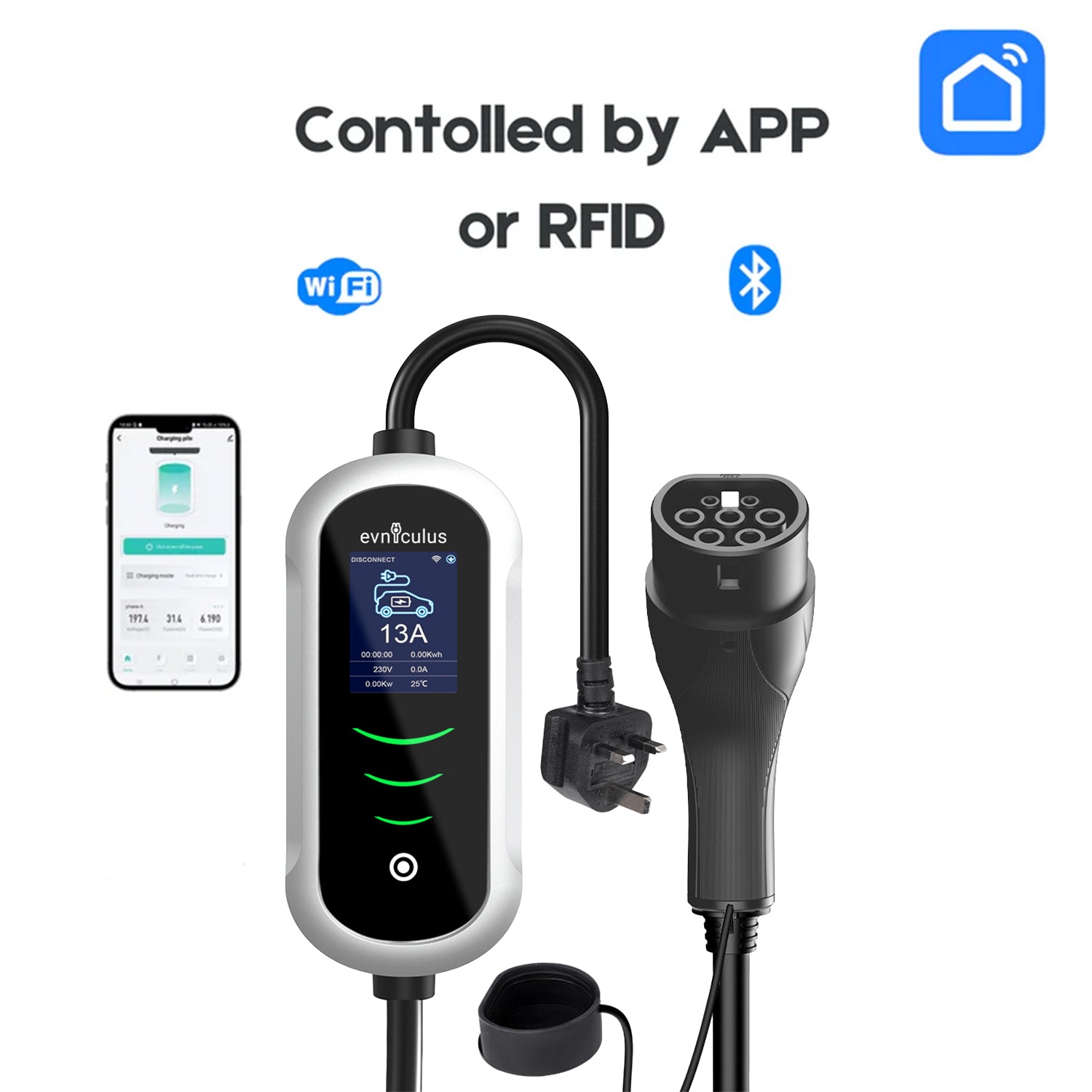 Chargeur portable pour véhicule électrique 13 A (3 broches/Type G/Prise britannique) 5 m Type 2