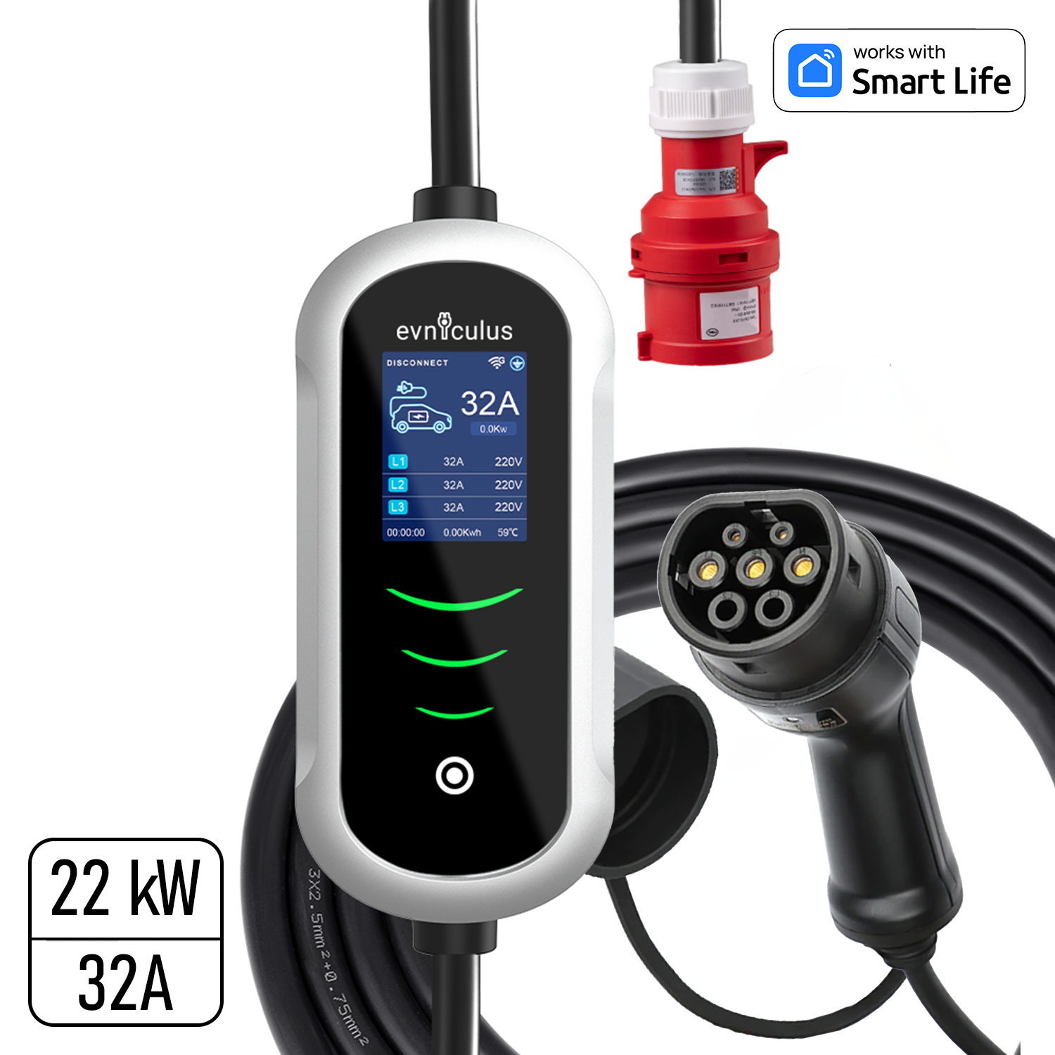 Taşınabilir Elektrikli Araç Şarj Cihazı 22 kW 3 Fazlı WiFi+Uygulama