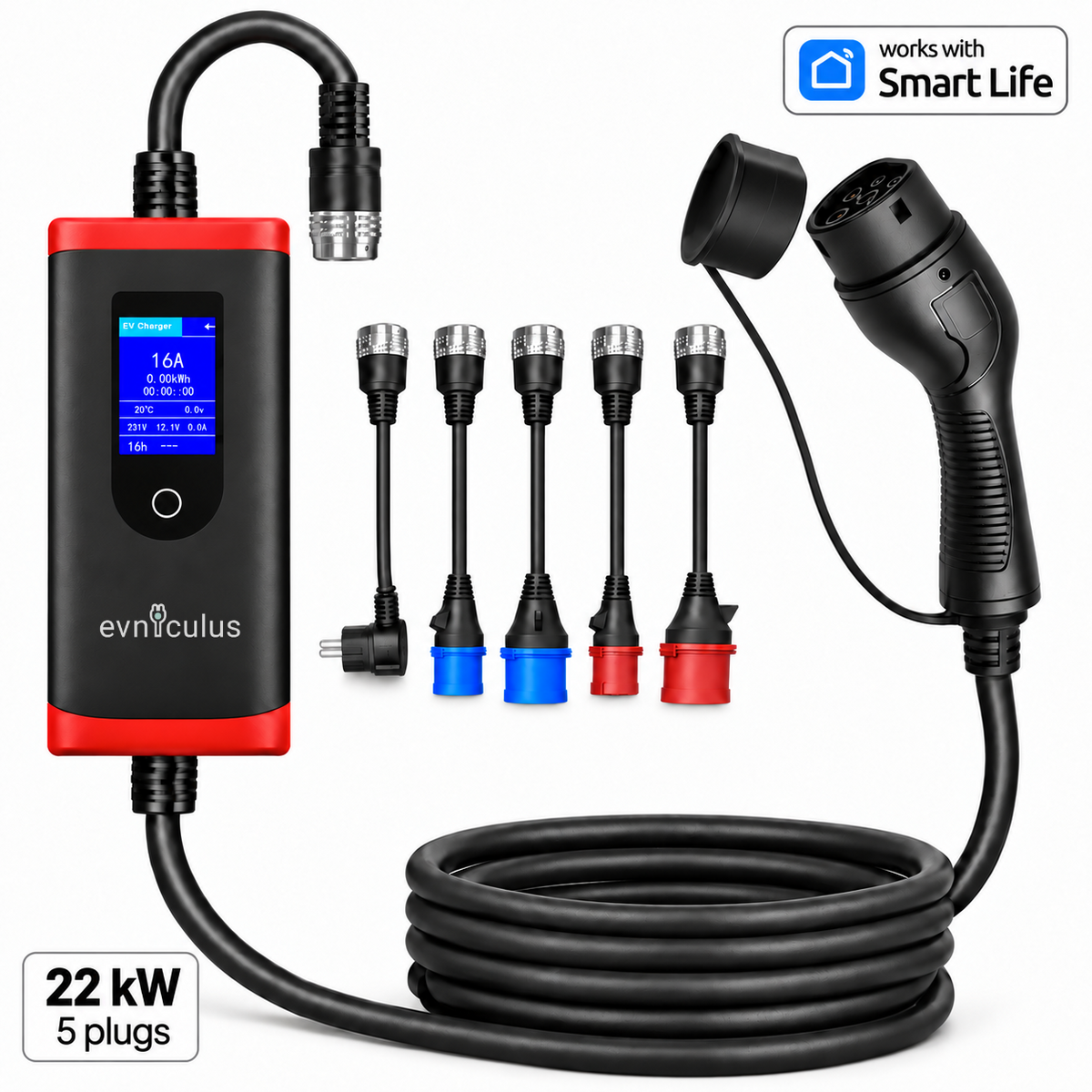 Portable EV Charger Type 2 up to 22 kW – 5 Input Adapters (5 m)