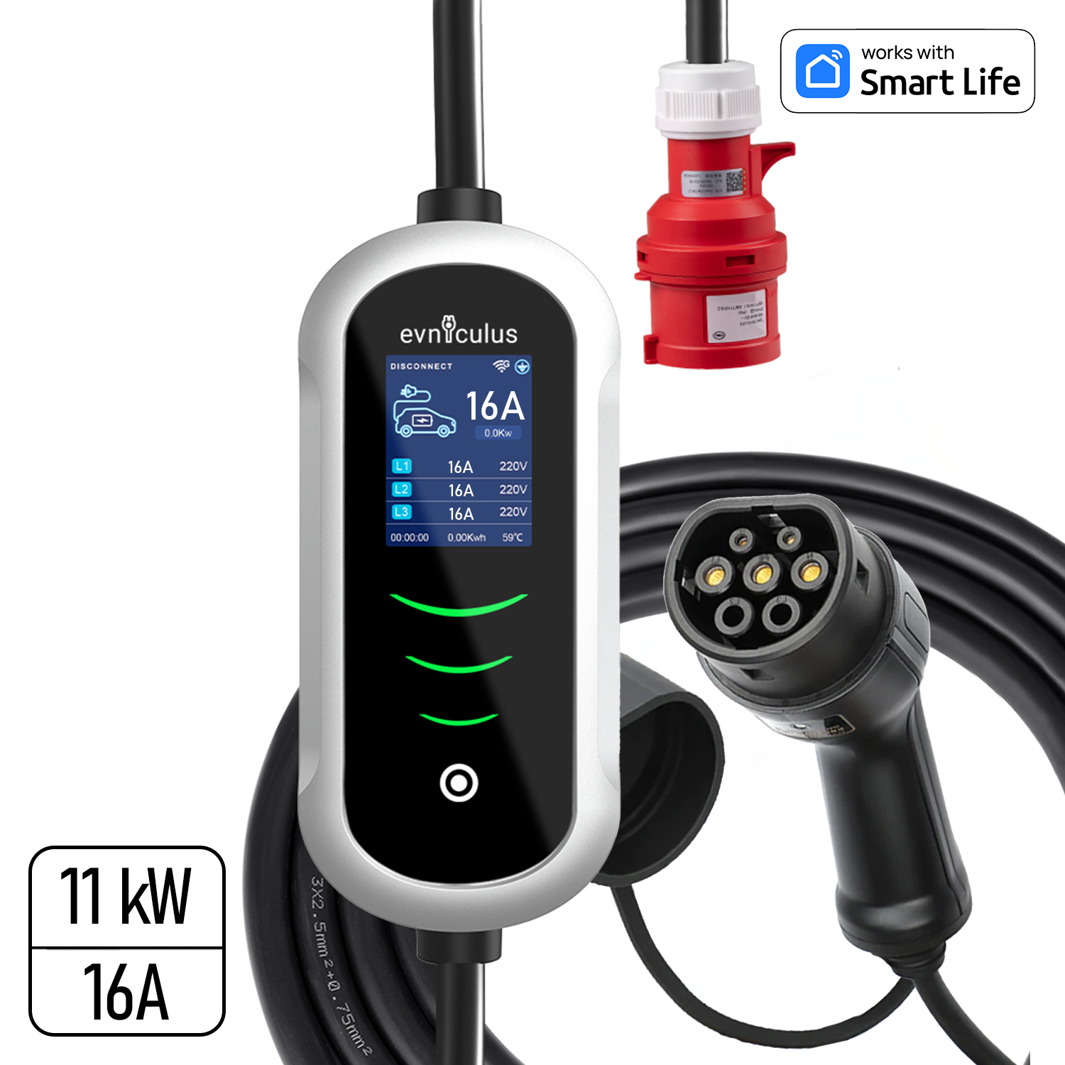Cargador portátil para coche eléctrico de 11 kW trifásico WiFi + APP