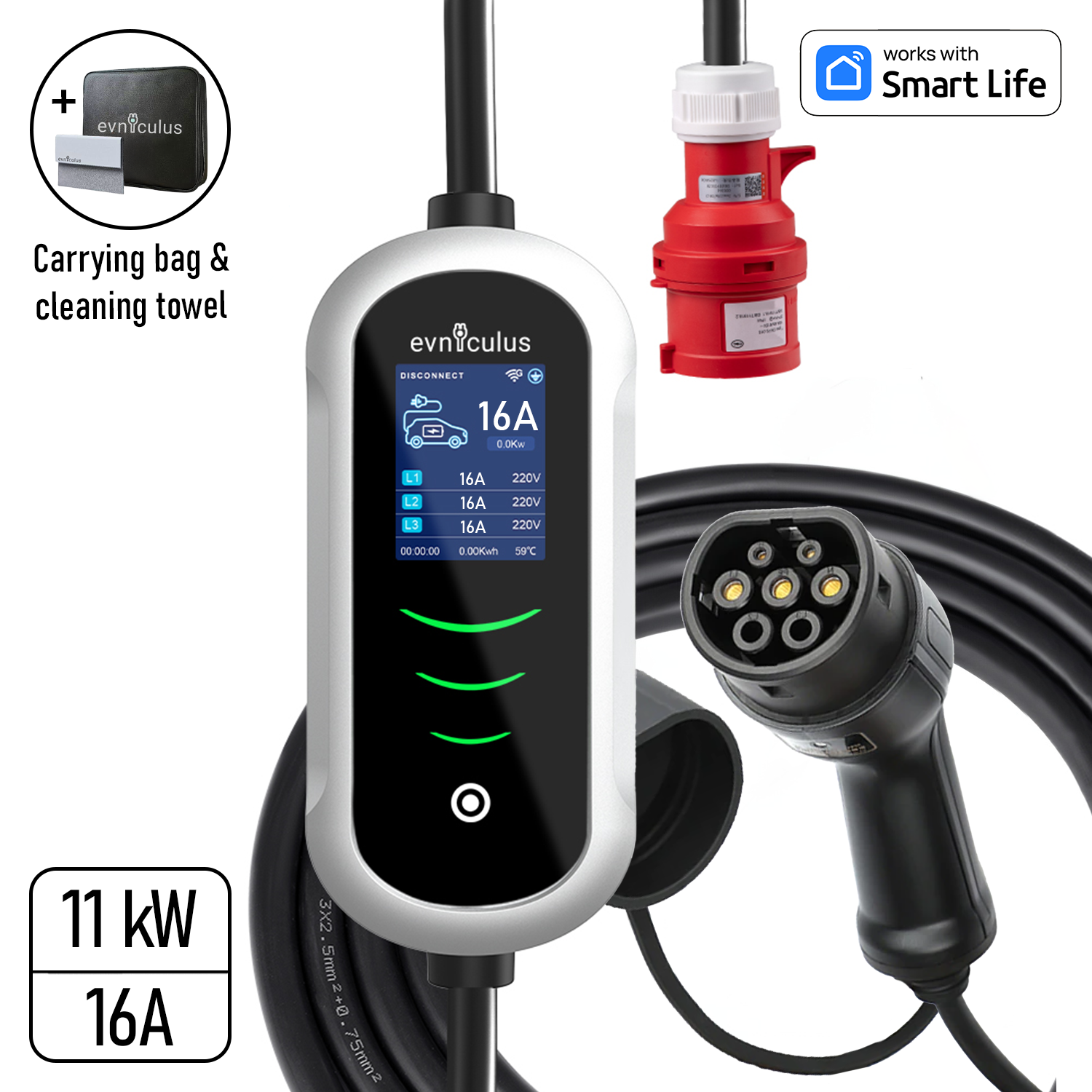 Portable EV Charger Type 2 11 kW 3-Phase WiFi+APP