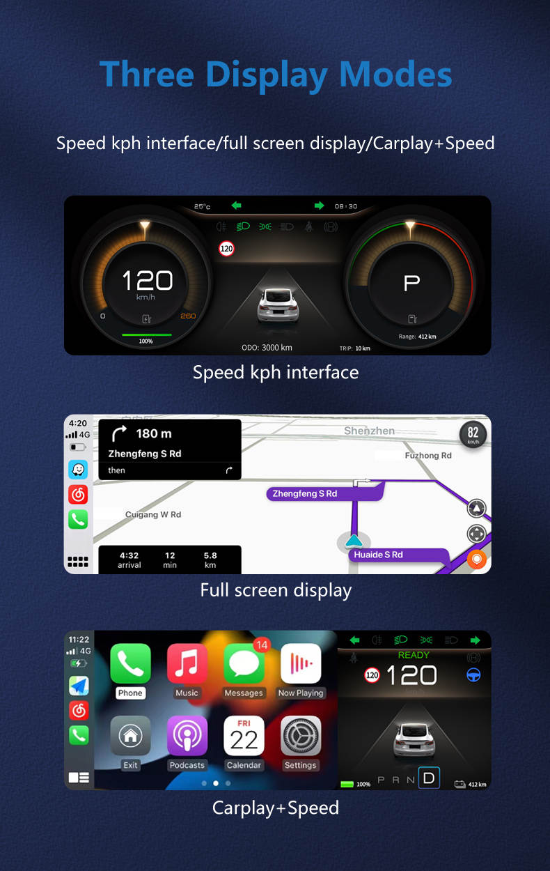 Kombiinstrument für Tesla Model 3 und Y, Apple CarPlay und Android Auto Dashboard
