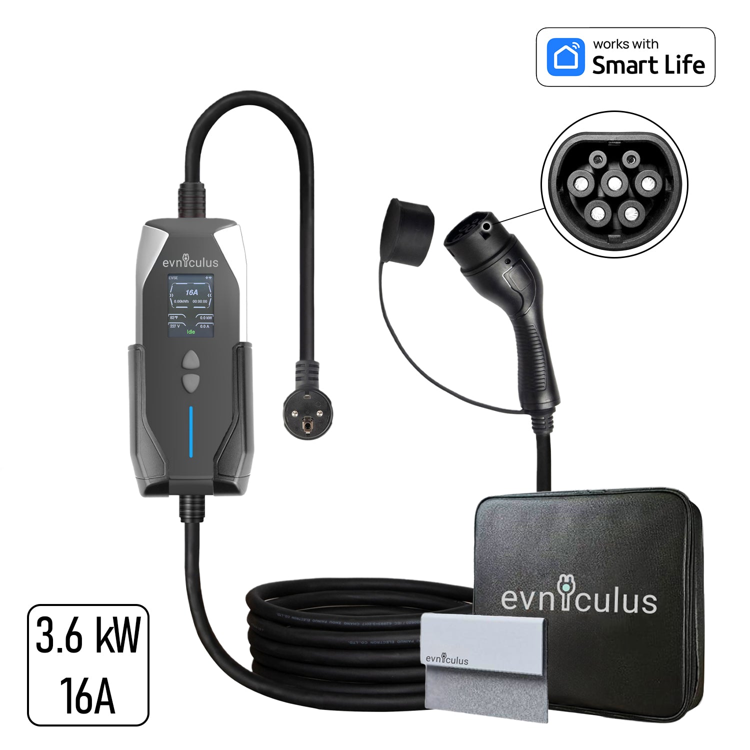 Portable EV Charger Type 2 (3.6 kW/16A) 5M-10M WiFi+APP