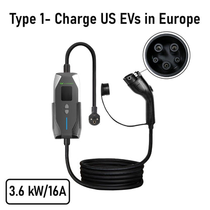 Chargeur EV portable 3,6 kW 16A 5m-10m Type 2/Type 1