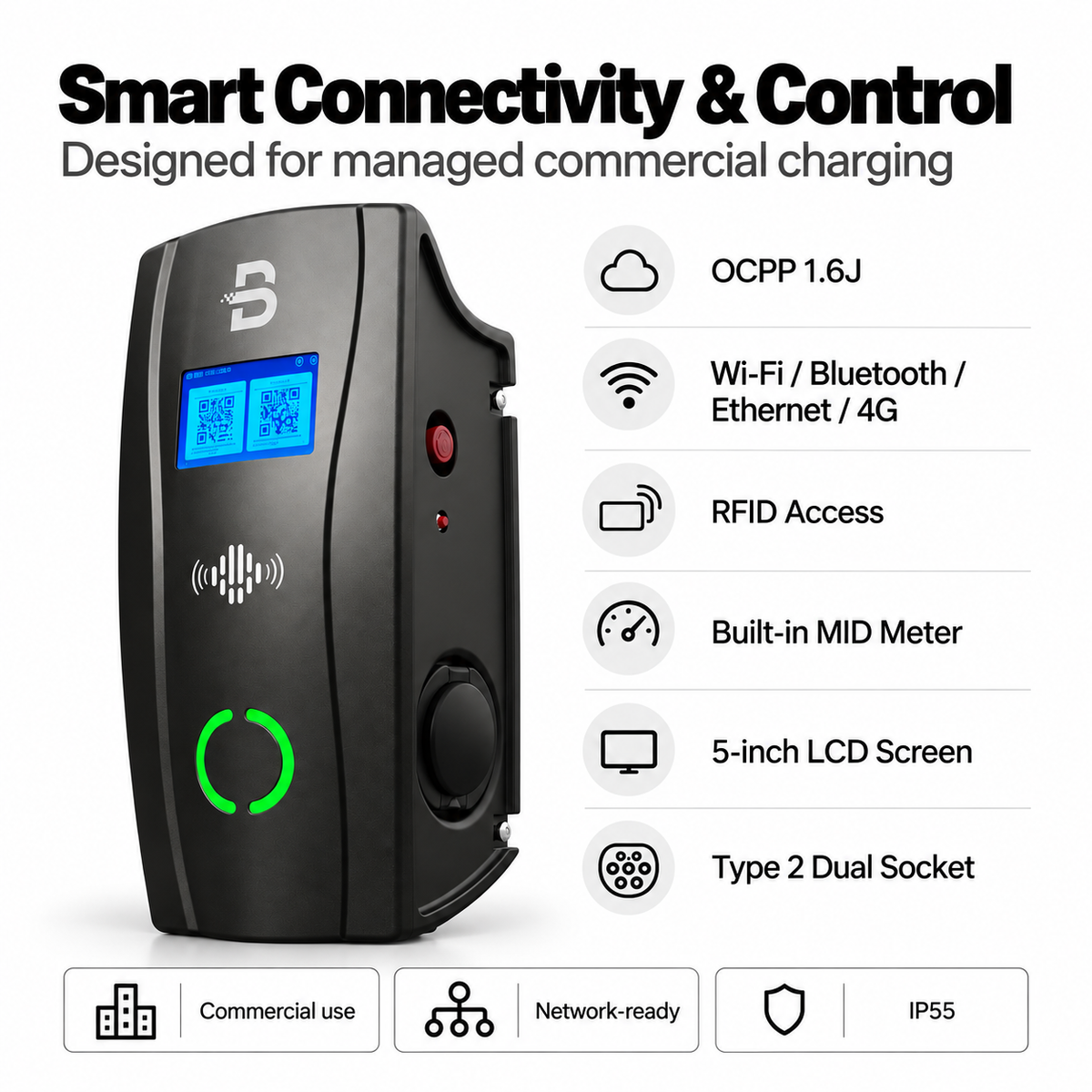 BENY Dual AC EV Charger – 2×22 kW, Type 2, OCPP
