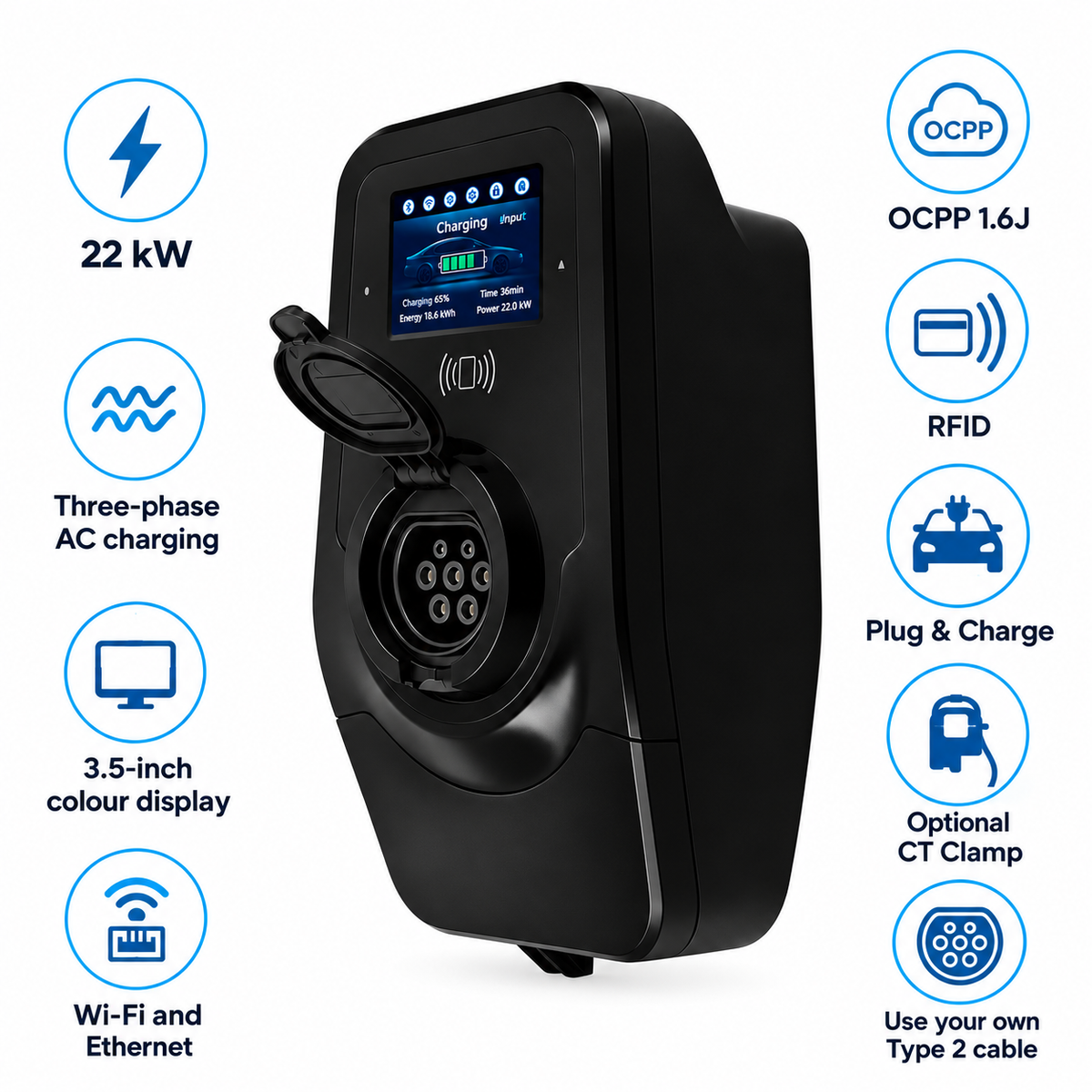 EVPoint EV22 PRO 22 kW Smart EV Charger with 3.5-inch Display