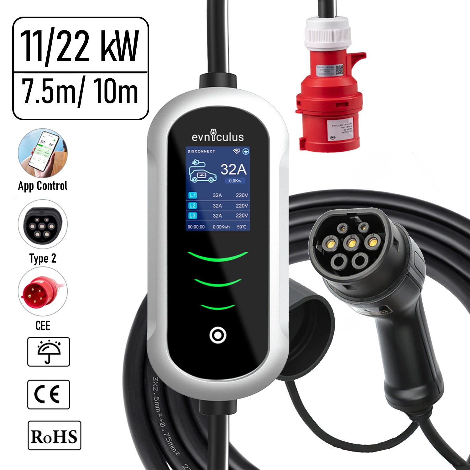 Taşınabilir Elektrikli Araba Şarj Cihazı 3 Fazlı (11 kW/ 22 kW)