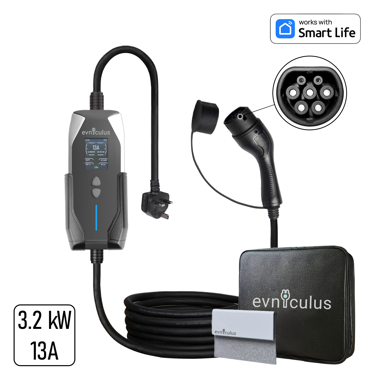 Cargador portátil para vehículos eléctricos de 13 A (3 clavijas/Tipo G/Enchufe británico) 5 m Tipo 2